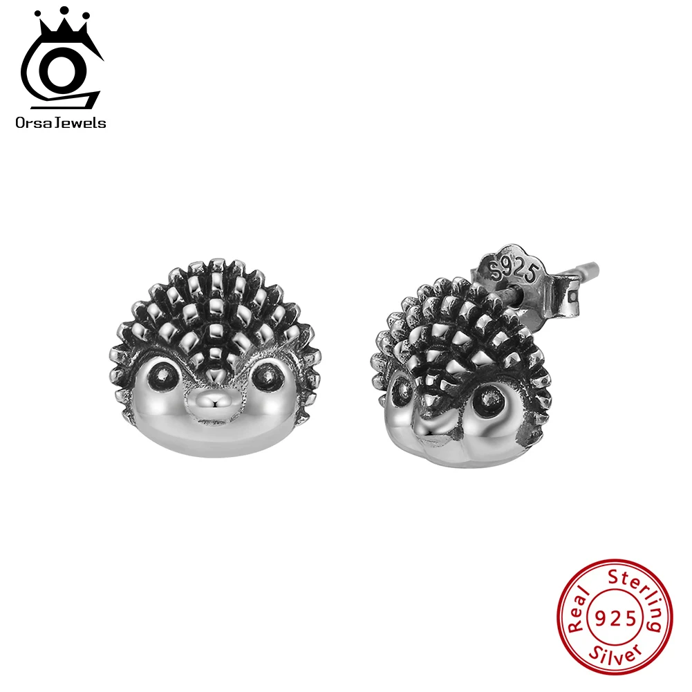 

ORSA JEWELS Oxidized Silver Cute Hedgehog Stud Earrings for Women Girls Vintage Animal Ear Stud Fashion Ear Accessories SE400