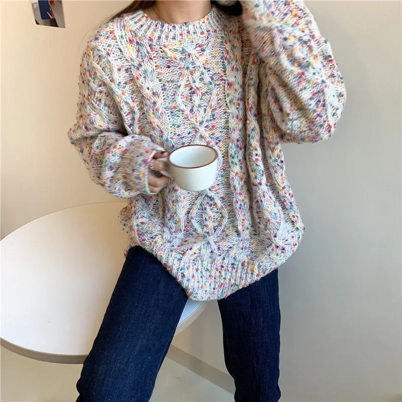 Sweet Colorful Long Sleeve Sweater For Women Spring Autumn Chic O Neck Loose Pullover Jumper Lady Harajuku Casual Knitting Top