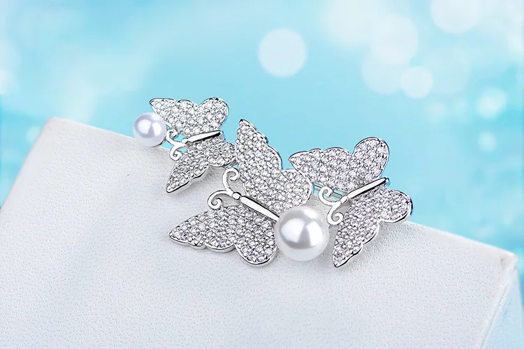 Luxury Butterfly Pearl CZ Crystal 925 sterling silver Brooches for Women Wedding Suit-coat Insect Broches Pins Party Jewelry