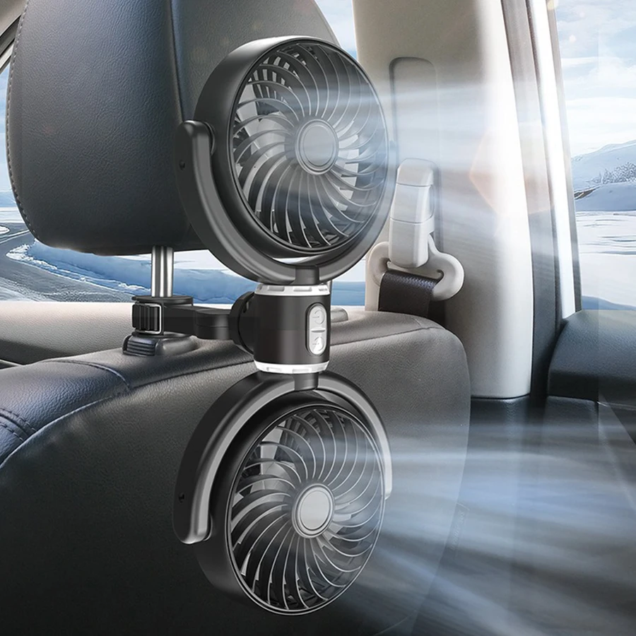 

Car Back Seat Headrest 5V 360° Rotatable Independent Control Dual Heads Mini Cooling Fan