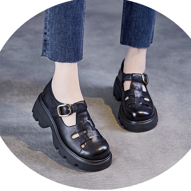 

Hollow Cow Leather Mary Jane Shoes Platform Women Chunky Heel Pumps Casual Shoes Dress Shoes Ladies Comfortable Dressy Work Shoe