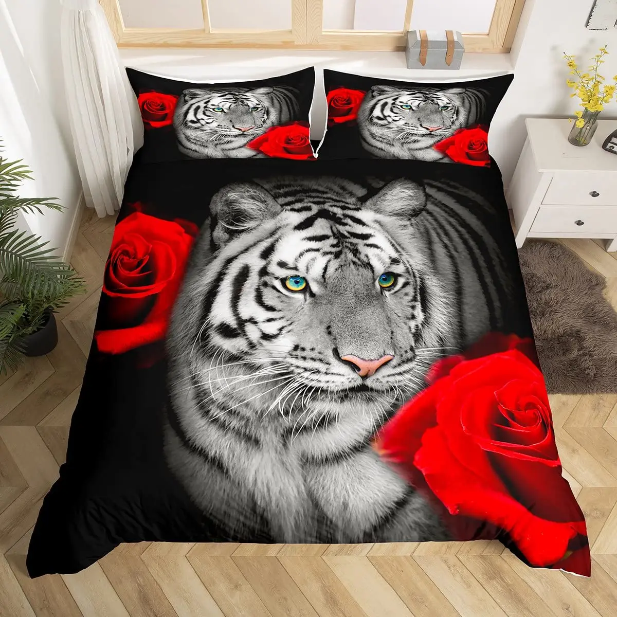 

White Tiger Red Rose King Queen Duvet Cover Africa Big Cat Flower Bedding Set for Teen Adult Animal 2/3pcs Polyester Quilt Cover