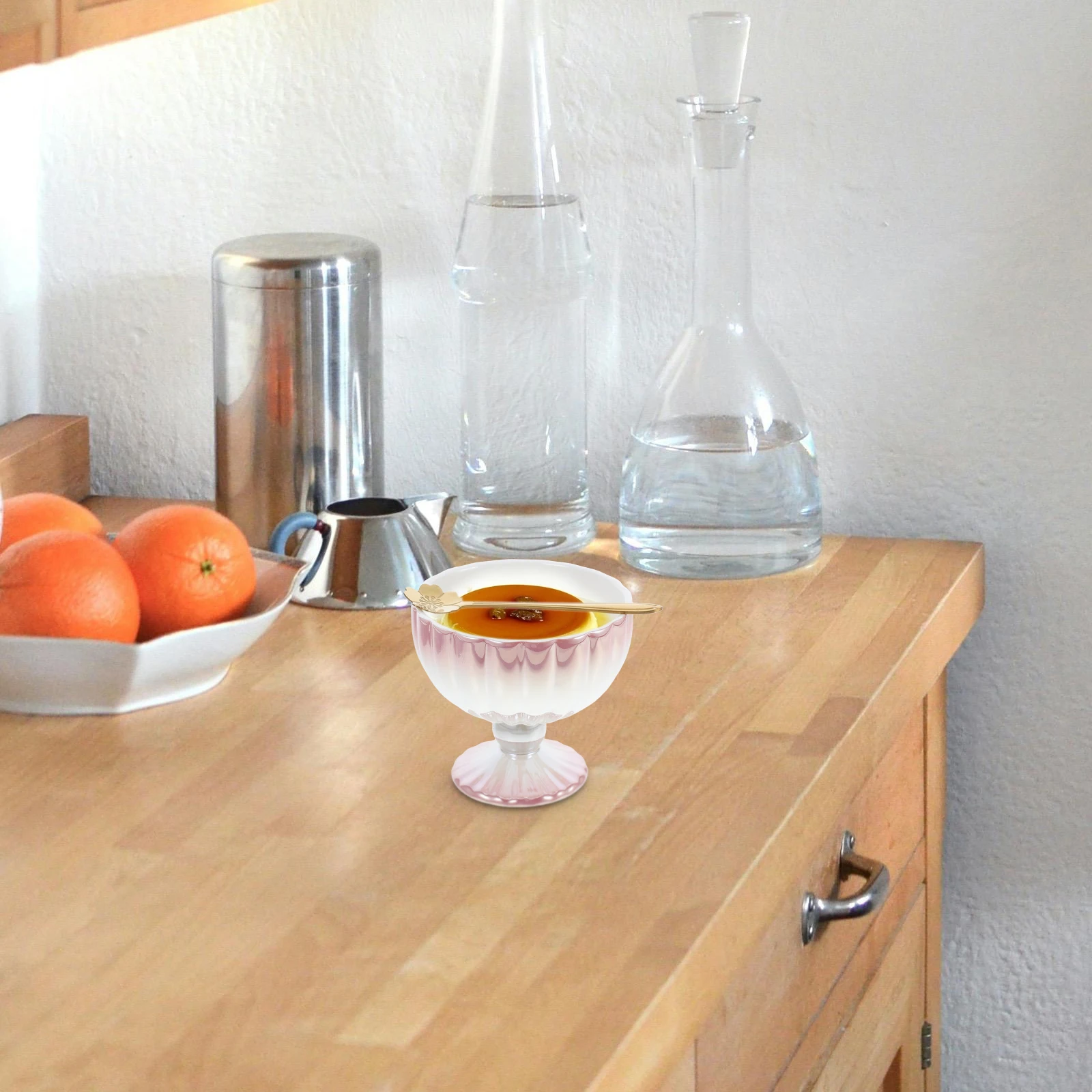 

1Set Footed Dessert Bowl Tall Ceramic Mug Ice Cream Cup for Pudding Yogurt Smoothies Fruit Salad with Spoon Porcelain Bowl