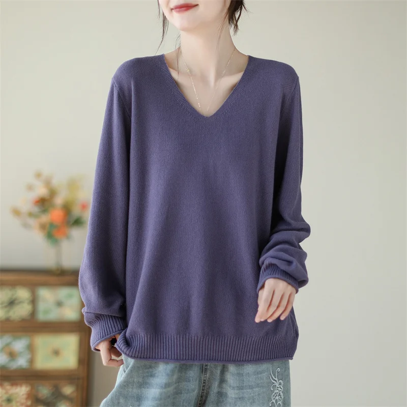 

New Autumn Winter Women Sexy Neck Knitted Pullovers Casual Loose Oversize Sweater Ladies Long Sleeve Solid Bottom Soft Knitwears