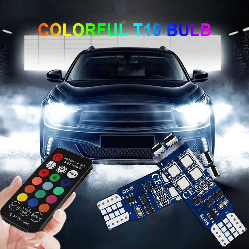 

2PCS Reading Wedge Light Bulb T10 W5W With Remote Control RGB Flashing Car Decor Dome Reading Light Car COB Reversing Lights