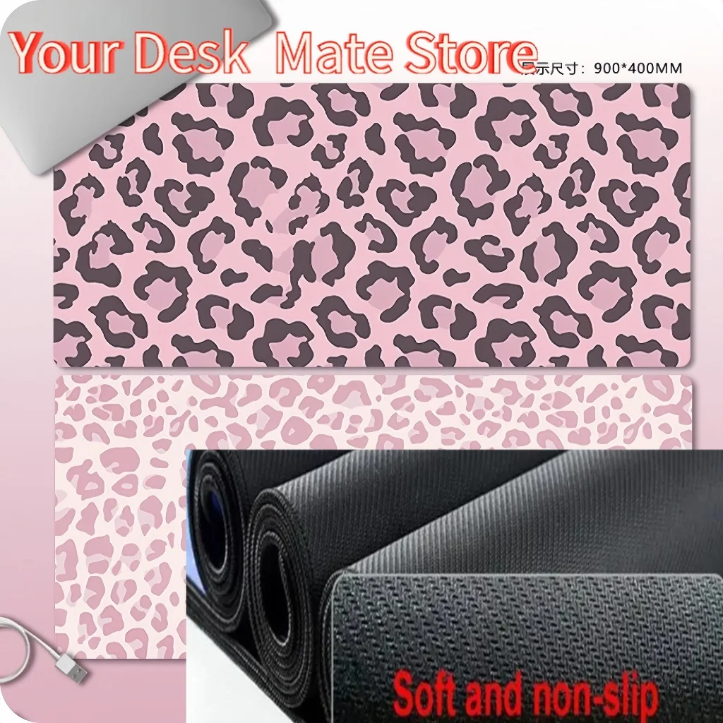 Tapis de souris imprimé léopard rose, impression HD, grande couture, étanche, antidérapant, pour jeu