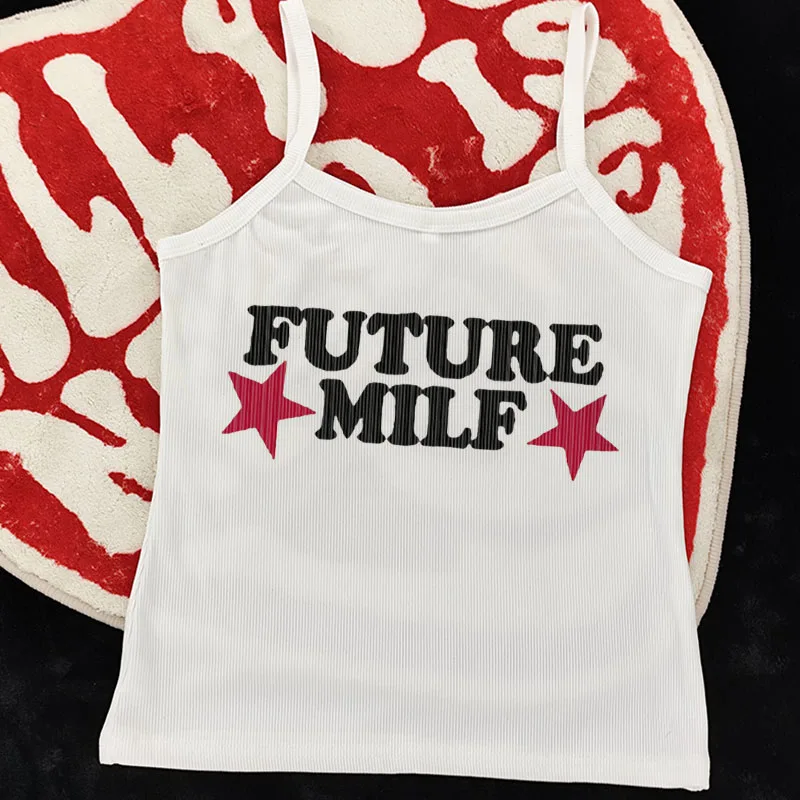 Vintage Sexy Star Future Milf Graphic Print Tank Top Women American Retro Y2k Crop Tops Short Sleeve T-shirts Streetwear