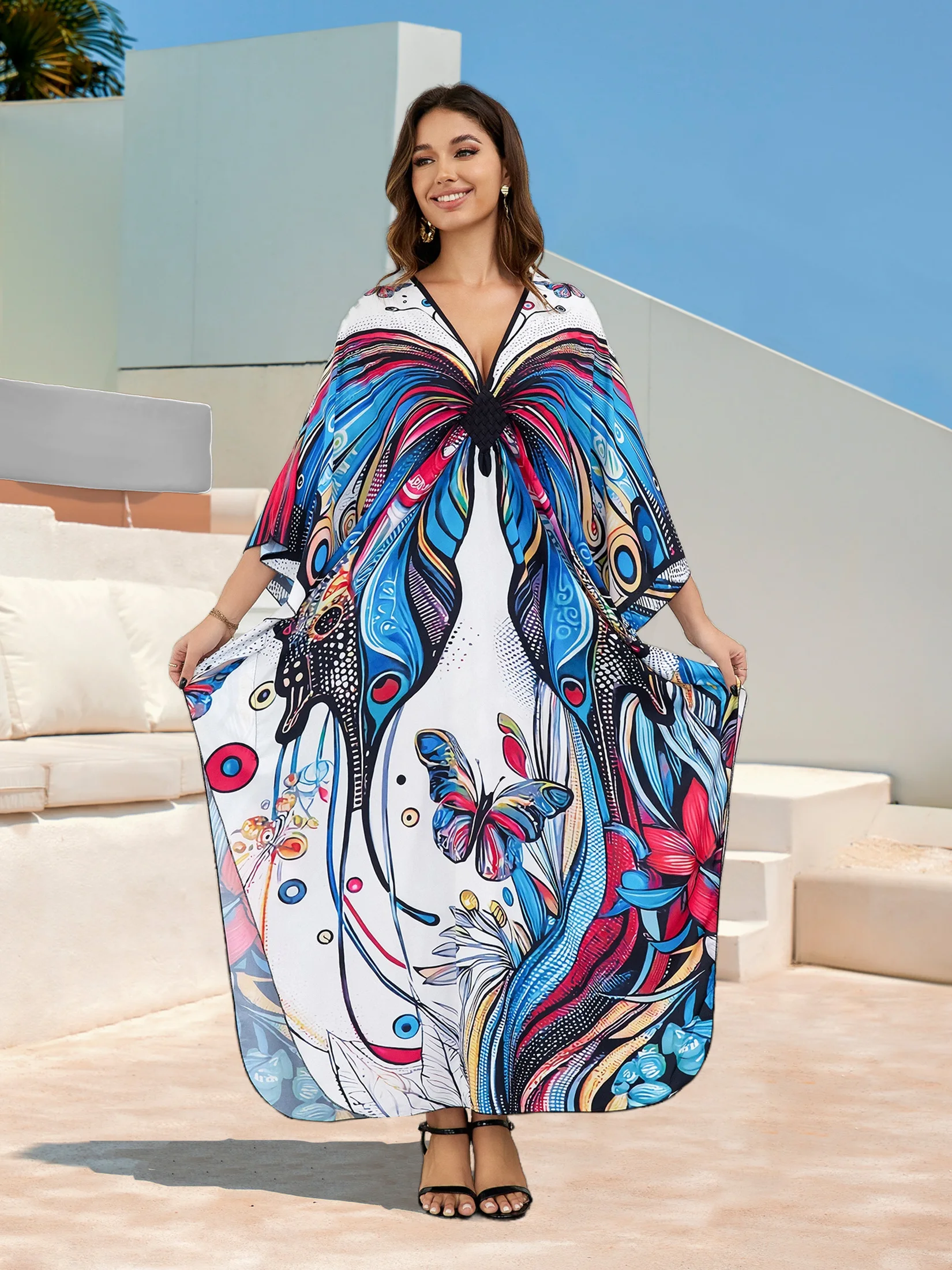 2024 Women\'s Plus Size Kaftan Dress For Women Floral Printed Turkish Robe Beach Caftan Casual Long Sleeve Maxi Dresses Q1588