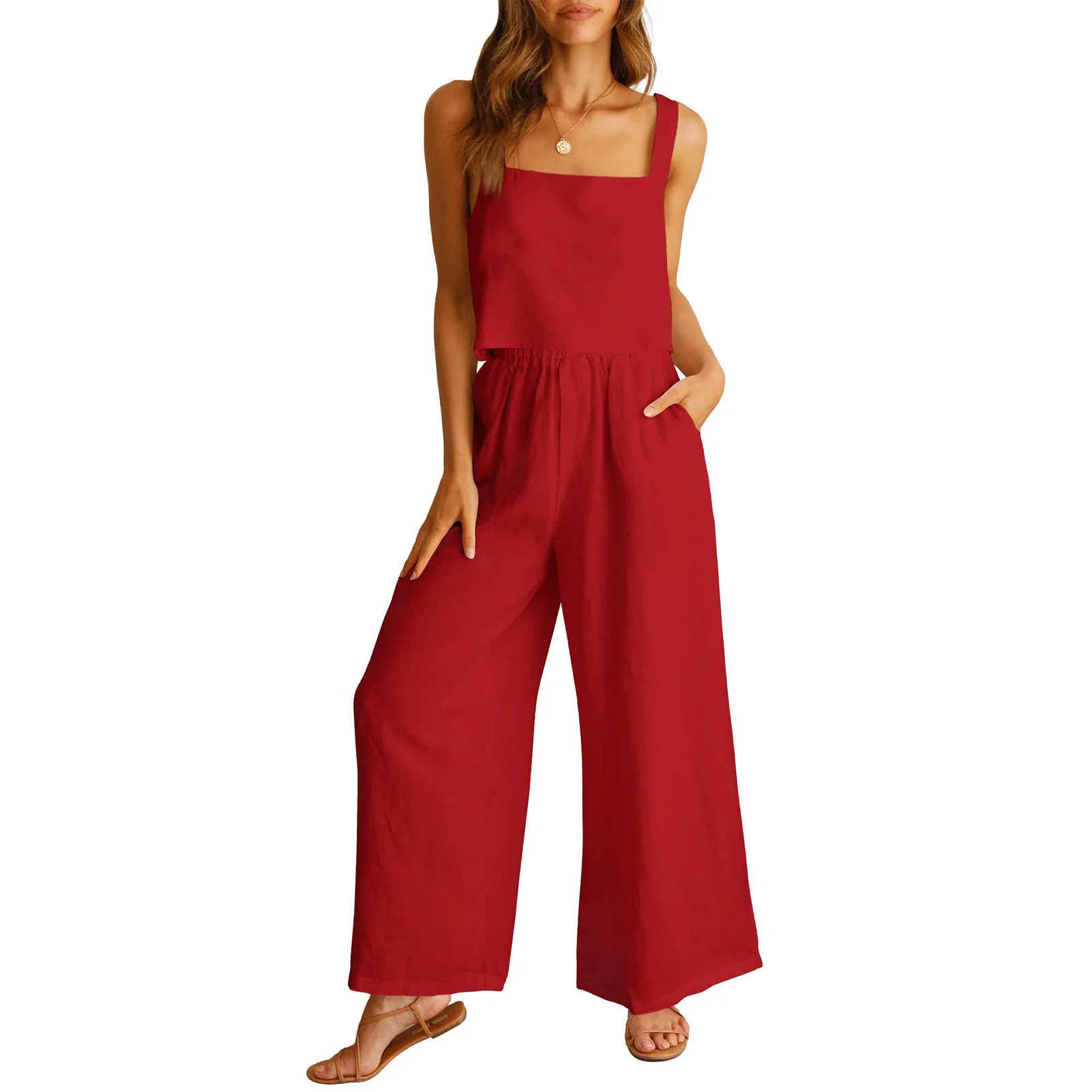 Women's 2-Piece Clothing Sleeveless Tank Crop Wide Leg Pants Set for Female Casual Date Walking