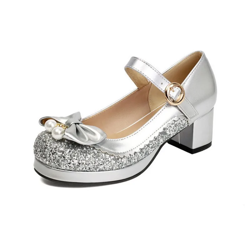 Women Lolita Mary Jane Pumps Patent Leather Mid Chunky Heel Floral Sweet Princess Plus Size Daily Cosplay Footwear