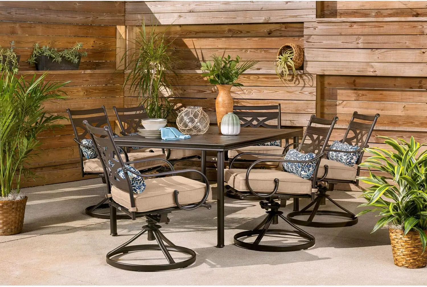 Hanover Montclair 7-Piece Outdoor Dining Set With 6 Swivel Rockers, Tan Cushions And Stamped Steel Rectangular Dining Table,