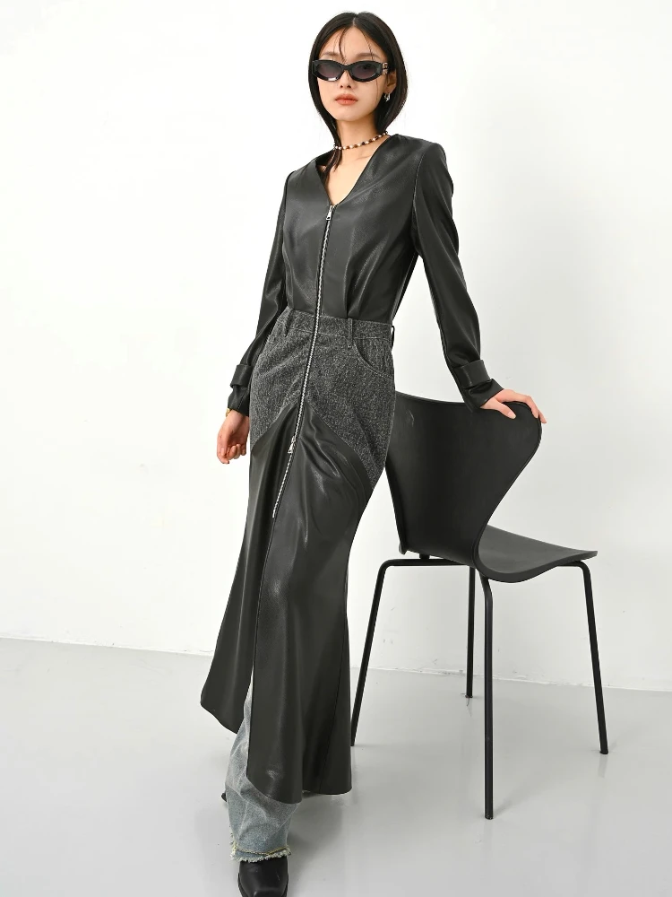 

V-neck Long Genuine Leather Jackets Women Spring Autumn High-end Simple Denim Patch Design Soft Black Real Sheepskin Trench Coat