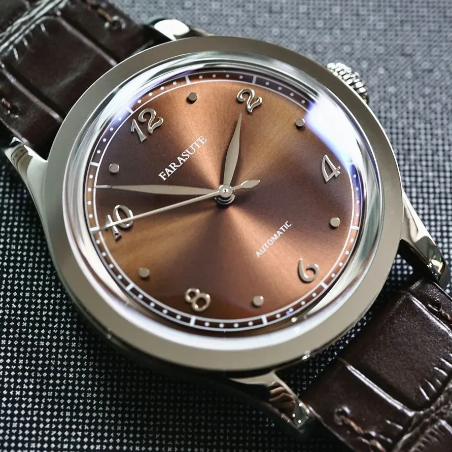 

Мужские автоматические часы FARASUTE Pilot, 38 мм, механические наручные часы с изогнутым сапфировым стеклом, кожаный ремешок, Miyota 821a