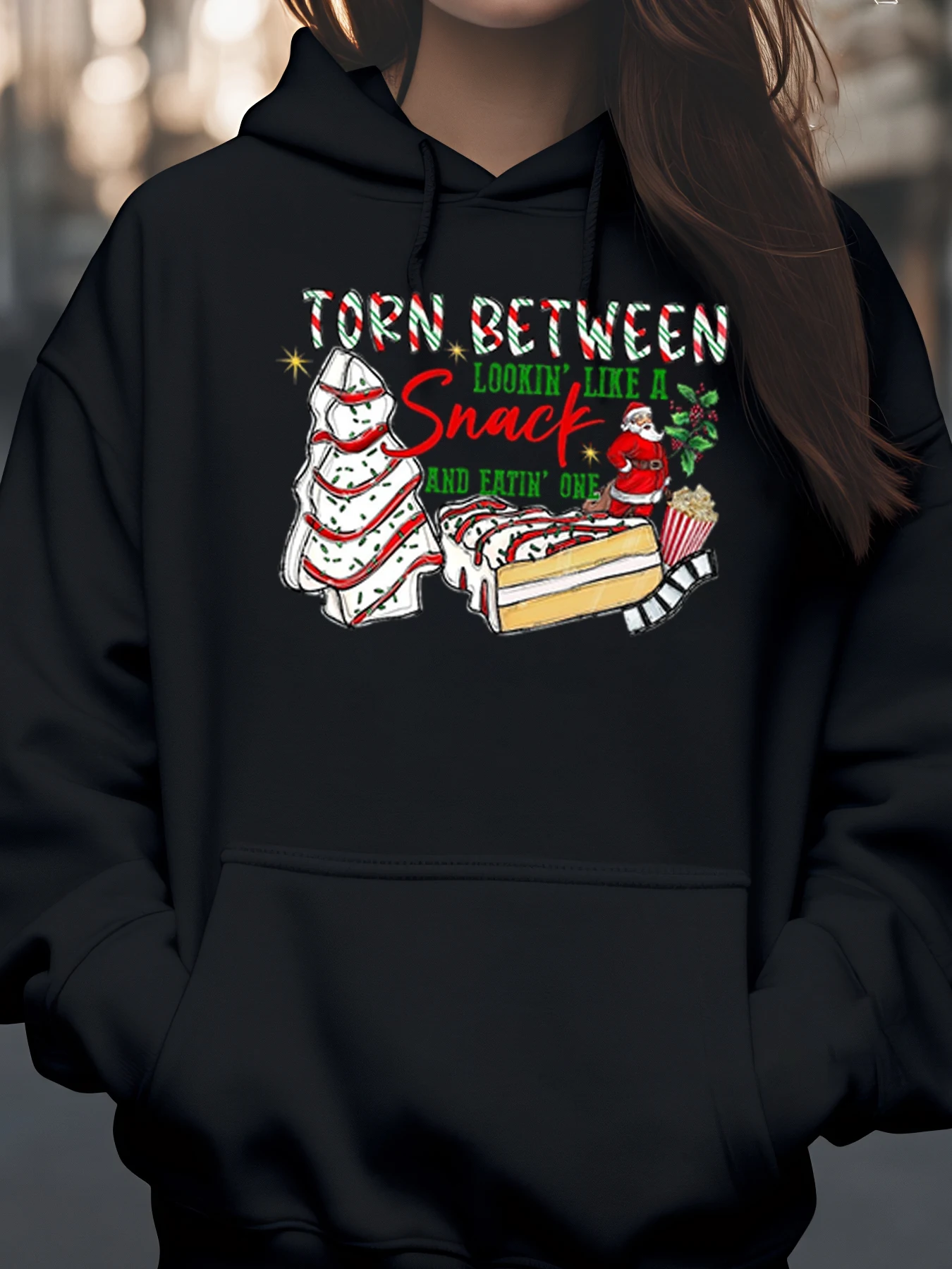 Sudadera con capucha con estampado de aperitivos y pastel de árbol de Navidad, ropa informal de vacaciones, traje de invierno para mujer