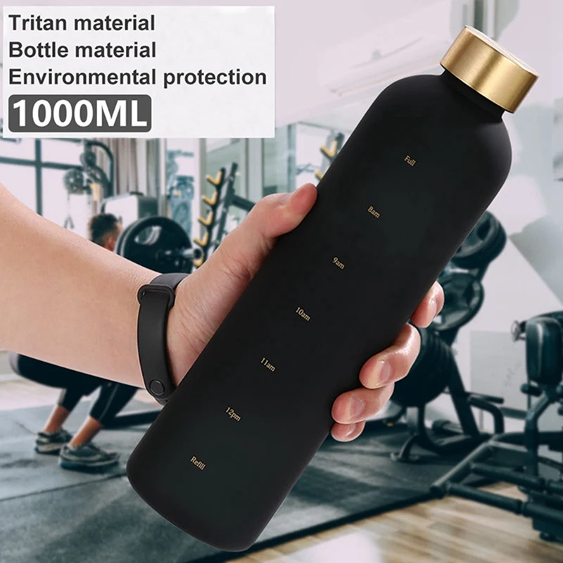 1L Water Bottle With Time Marker 32 OZ Motivational Reusable Fitness Sports Leakproof Frosted Plastic Bottle