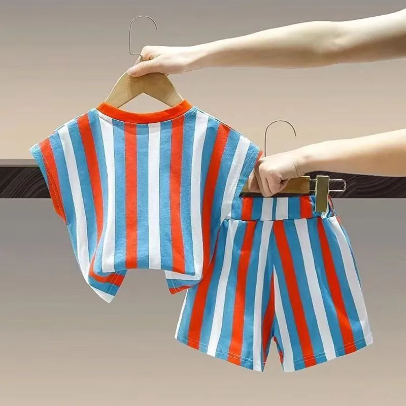 Boys New Summer Two Piece Set Children's Baby Sweetheart Set Children's Stripe Cartoon Tank Top 2 Pcs Kids Outfits