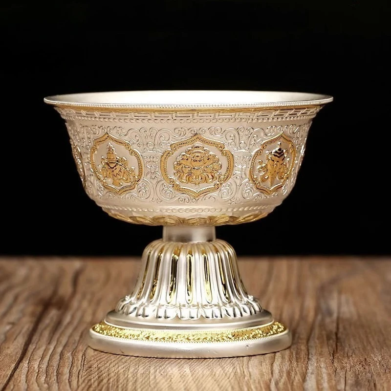 Tibetan Alloy Tall Water Offering Cup Eight Auspicious Embossed Religious Worship Bowl Shrine Desktop Ritual Craft Ornament
