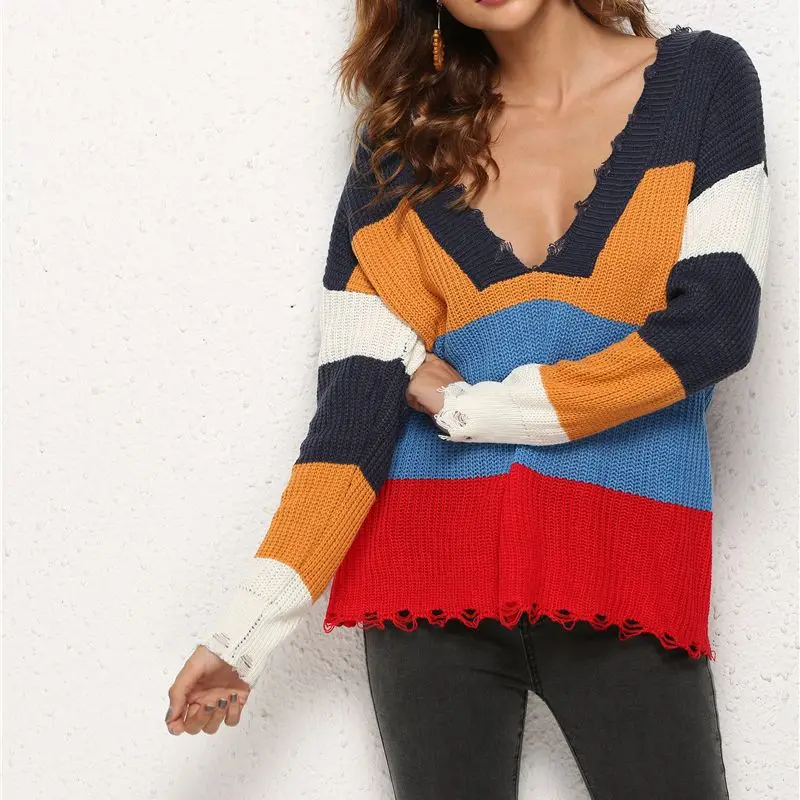 

Combhasaki Women Knitwear Sweater Jumper Top Long Sleeve Frayed V Neck Striped Contrast Color Loose Fit Pullover for Fall Winter