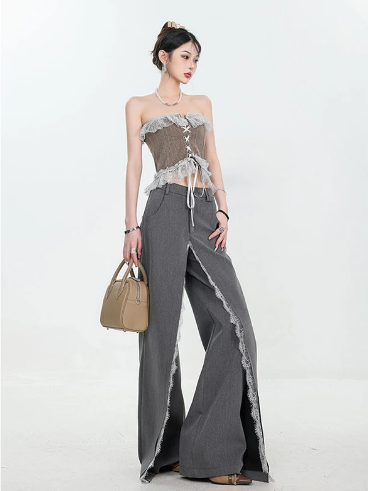 Japanese Y2K hot girl retro gray lace patchwork suit pants autumn loose casual wide leg pants long pants millennium style
