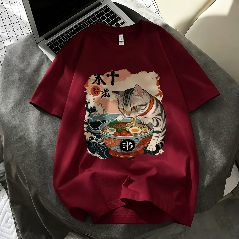 T-Shirt mit Aufdruck „Eine Katze, die gerne Nudeln isst“ aus Baumwolle für Damen, Sommer-Kurzarm-T-Shirt, weiche, übergroße Oberteile, lässige T-Shirts mit O-Ausschnitt