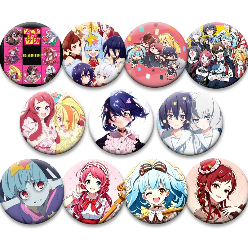 Anime ZOMBIE LAND SAGA Brooches Sakura Minamoto,Saki Nikaido,Ai Mizuno Lapel Pins Round Cartoon Badge Backpack Accessories Gifts