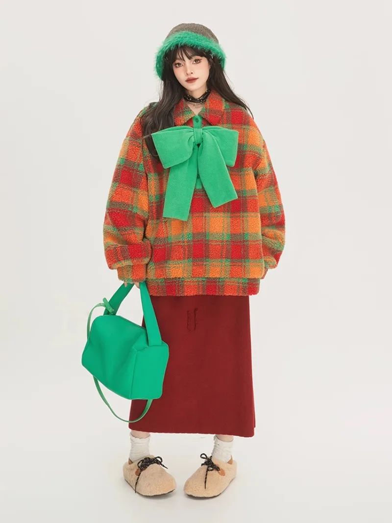 2024 Americano Autunno e Inverno Design Senso Legato Fiori Abiti di Cotone Sciolti Maglione Plaid Cappotto di Lana di Agnello Per Le Donne