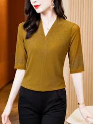 2024 New Arrival Half Sleeve T-Shirt Ladies Diamonds V Neck Waffle Mesh Tops Women's TShirts Female Summer Clothes