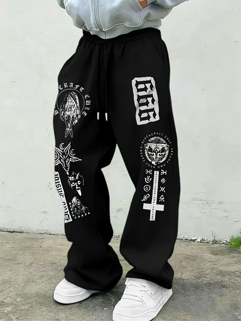 

Мужские джоггеры с готическими надписями и оккультным символом — повседневные брюки прямого кроя свободного кроя с пентаграммой/перевернутой пентаграммой