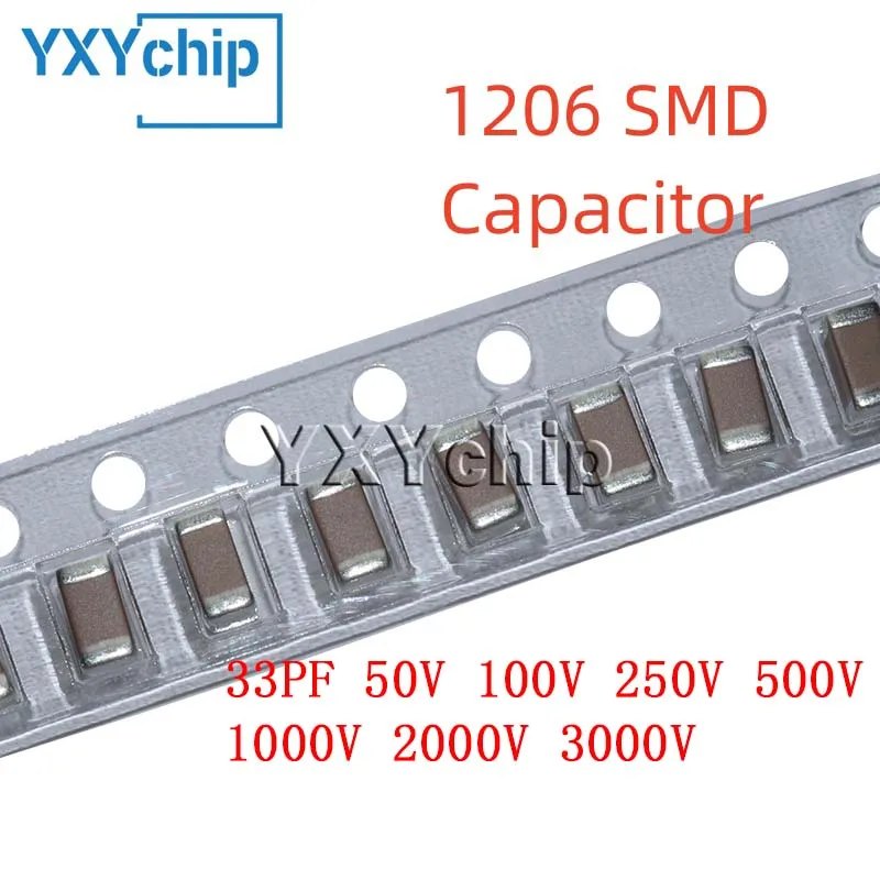 50PCS 1206 33PF 50V 100V 250V 500V 1000V 2000V 3000V ±5% 330J C0G NPO SMD Chip Multilayer Ceramic Capacitor