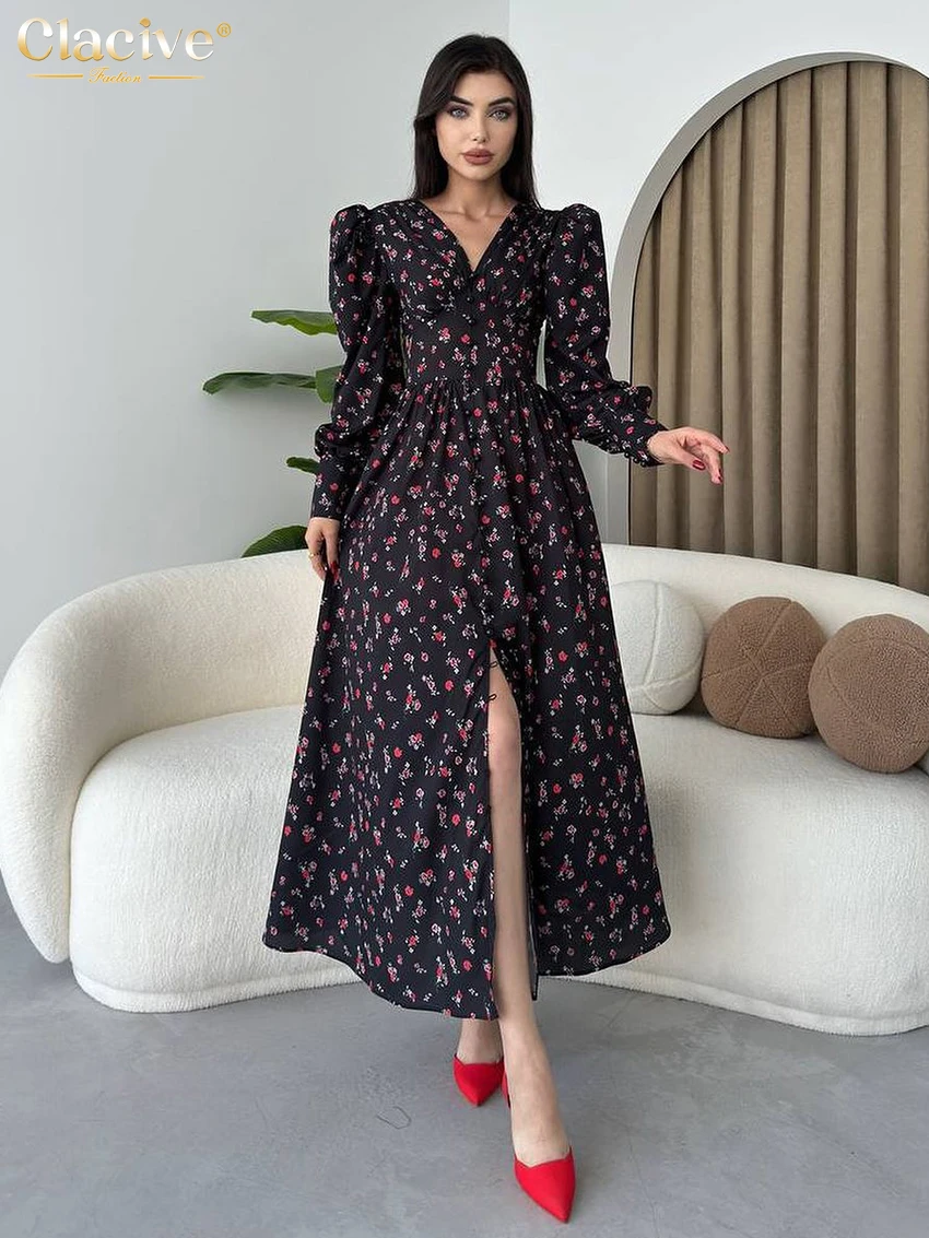 

Clacive Fashion Loose Print Women Dress 2025 Elegant V-Neck Long Sleeve Ankle Length Dresses Casual High Waist Slit Female Dress