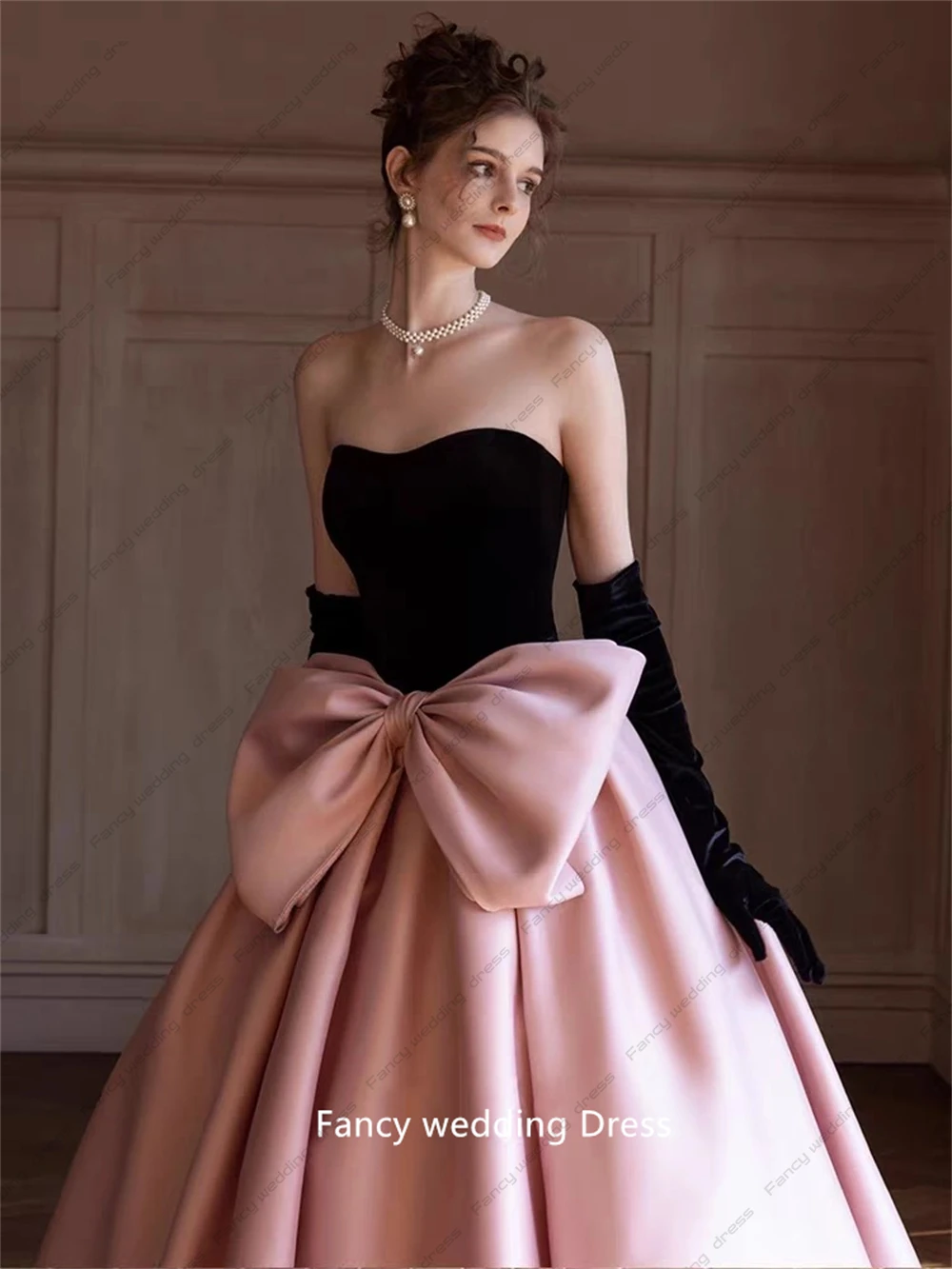 Fancy Pink Evening Dresses A-line Strapless Black Gloves Bow Silk Ribbon Elegant Formal Party Prom Princess Quinceanera Gowns