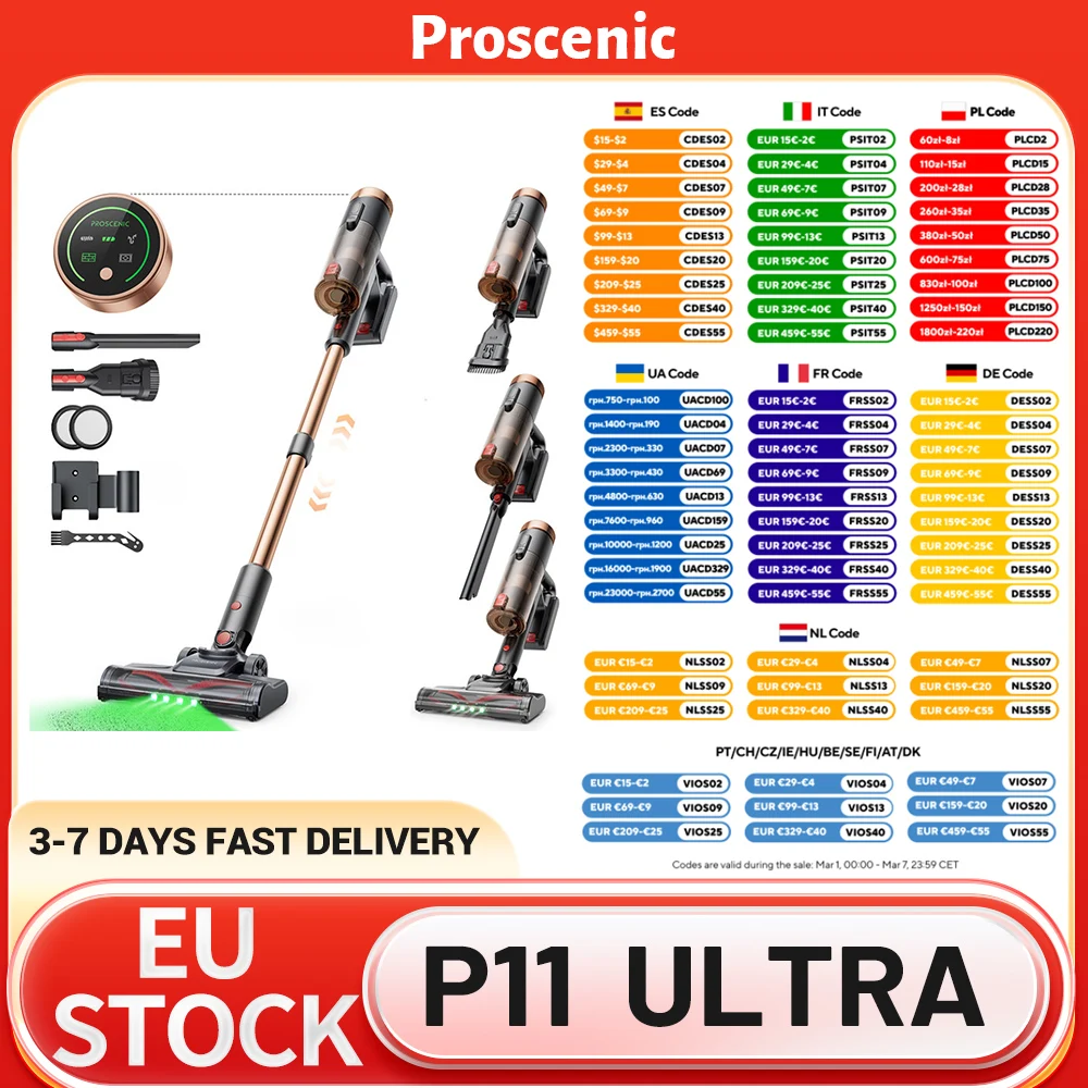Aspirateur sans fil Proscenic P11 Ultra, aspiration 40 kPa, phare LED vert, autonomie 40 min, brosse anti-emm�lement, filtration 4 couches