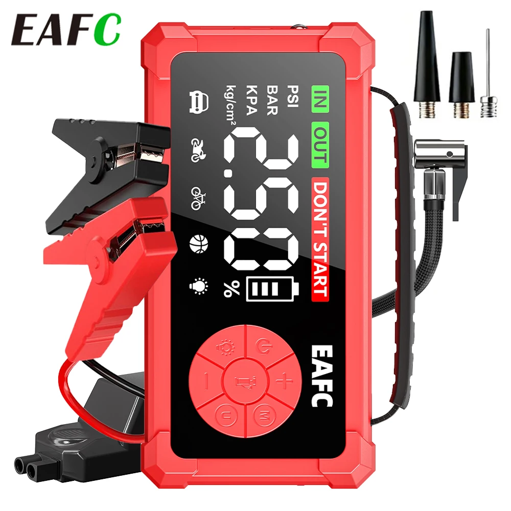 EAFC Starthilfe für Autos, 3000A, mit Luftpumpe, Starthilfe-Akku für Benzinmotoren bis 9,0 l und Dieselmotoren bis 6,5 l, tragbare 12-V-Starthilfe mit USB-Anschlüssen, LCD-Display, multifunktionaler