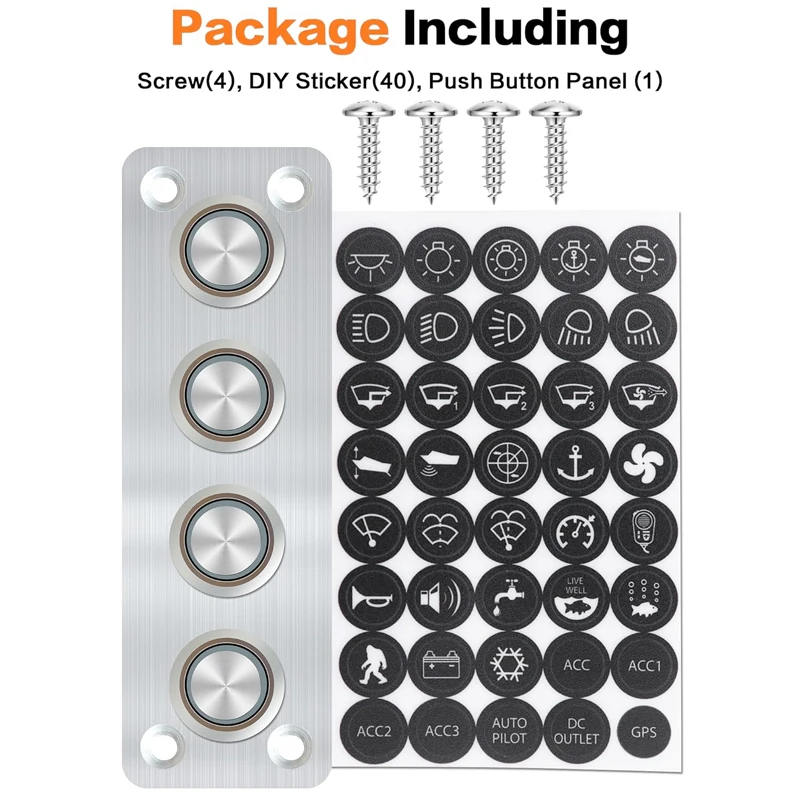 4 Gang Pushbutton Switch Panel IP65 Waterproof Pre-Wired Antioxidant Aluminum Plate with Switches&LED Indicators for Marine