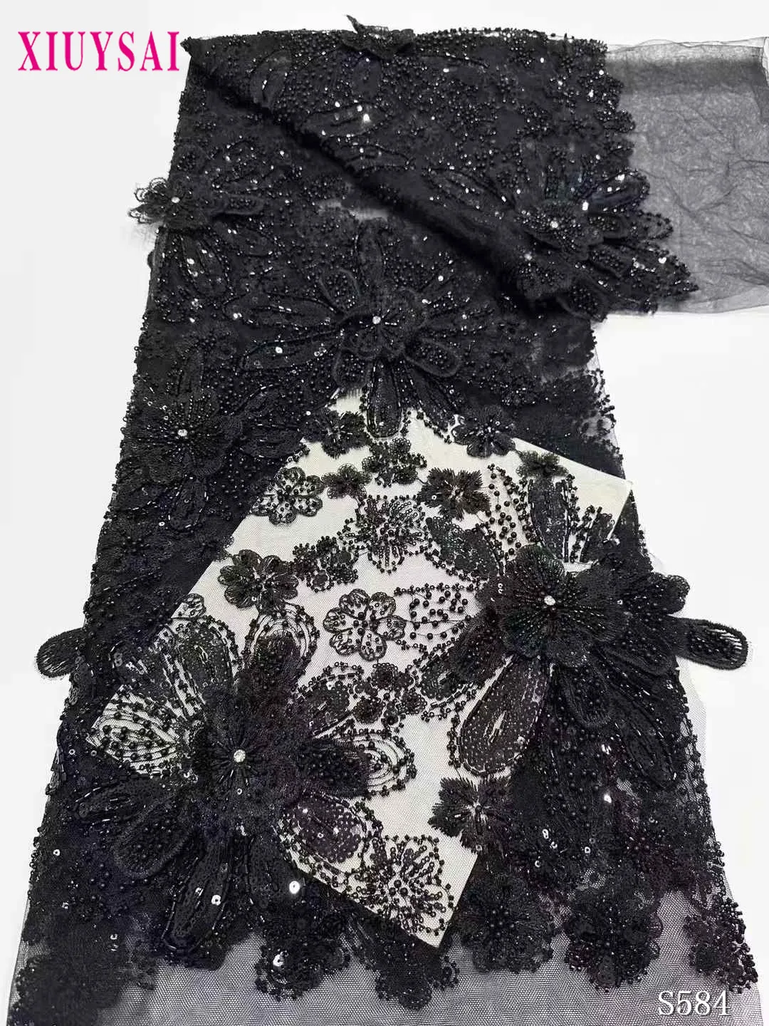 Luxury 2024 Latest French 3D Beaded Tulle Lace Fabric High Quality African Net Lace Fabrics With Sequins For Evening Dresses #4