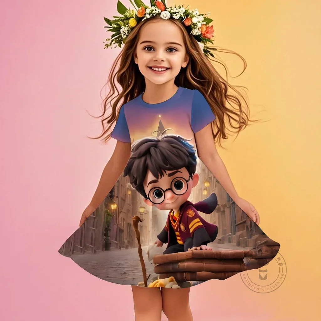 

Trending Chibi Harry Potter Cartoon Girls Dress 3D Print Short Sleeve O-Neck Summer Kawaii Cute Loose Fit Outfit Child 3-14 Yrs