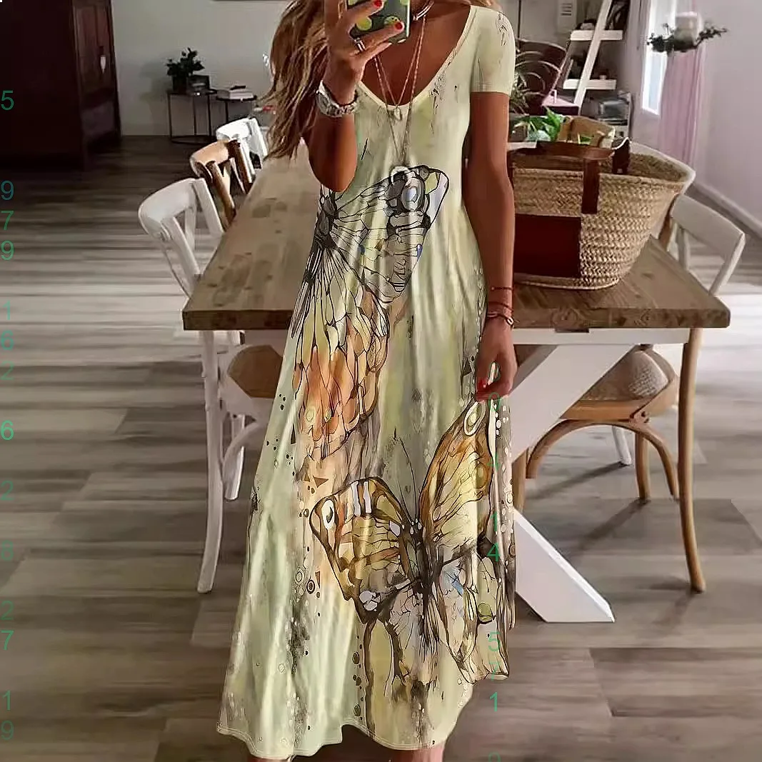 2026 Summer New Short Sleeve Butterfly Print Low Cut V Neck Camisole Maxi Dress Dresses