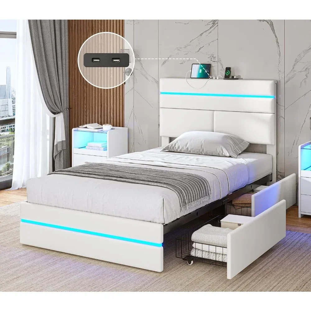 

Twin Size Bed Frame with 4 Storage Drawers & Headboard, Charging Station, Led Upholstered Bed Frame