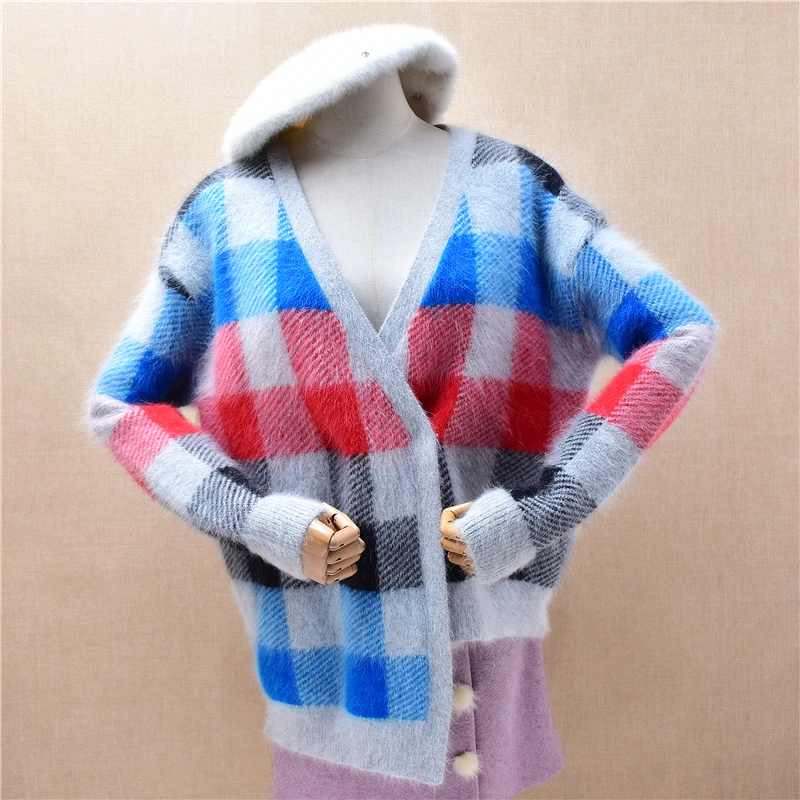 

Ladies Women Autumn Winter Clothing Hairy Colored Plaid Angora Rabbit Hair Knitted V-Neck Irregular Loose Cardigans Sweater Coat