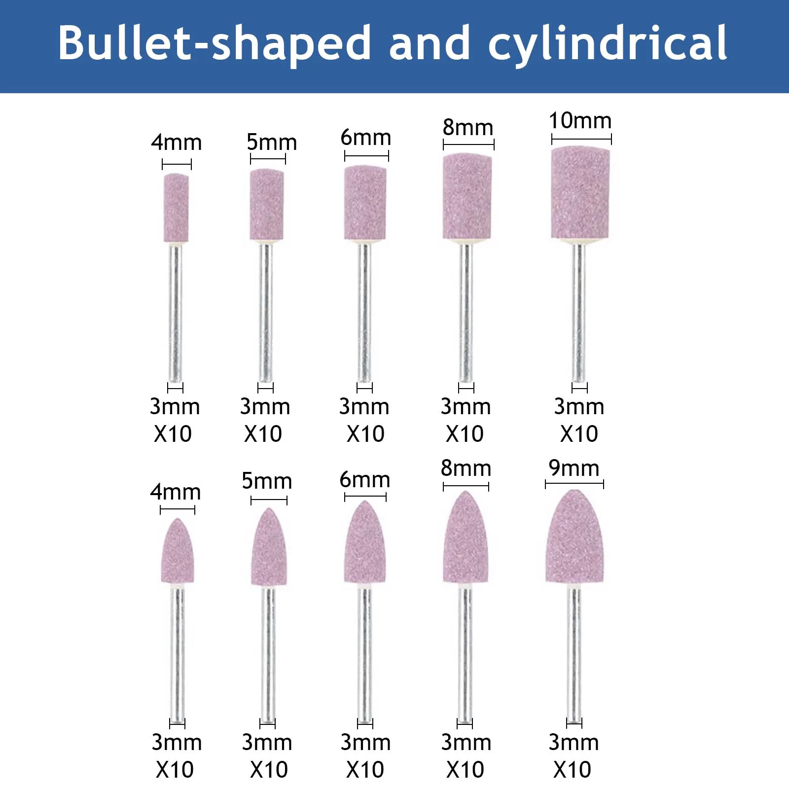 100PCS Abrasive Mounted Stone Grinding Wheel Set, 1/8” Shank, 2 Shapes, 5 Sizes (4-10mm) – Grinding Point Tool Bits