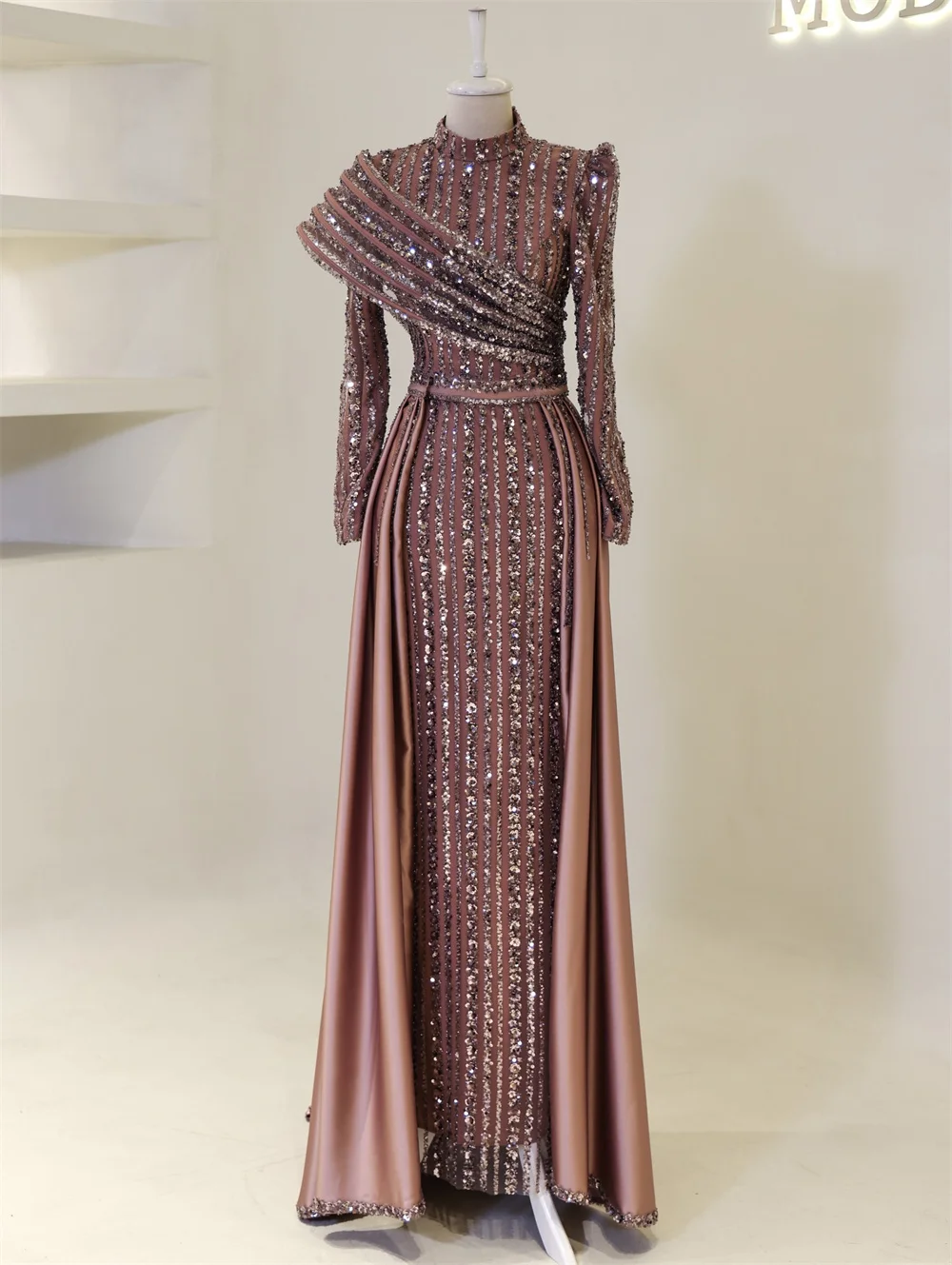 كونتيسا دبي مخصص على شكل حرف a فساتين لحضور الحفلات الموسيقية أنيقة طويلة الأكمام vestidos de noche بريق مطرز هملين مساء رسمي 2025 #3