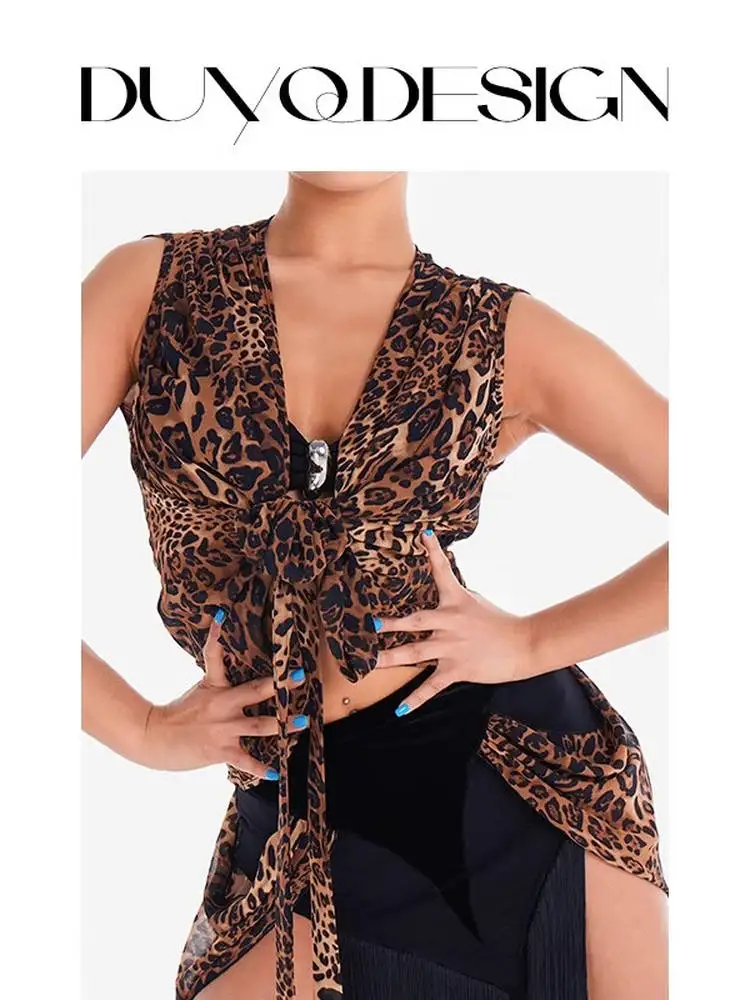 

UK Latin Ballroom Practice Top Professional Leopard Print Ribbon Trim Top Stylish for Ladies & Adults latin dance costumes