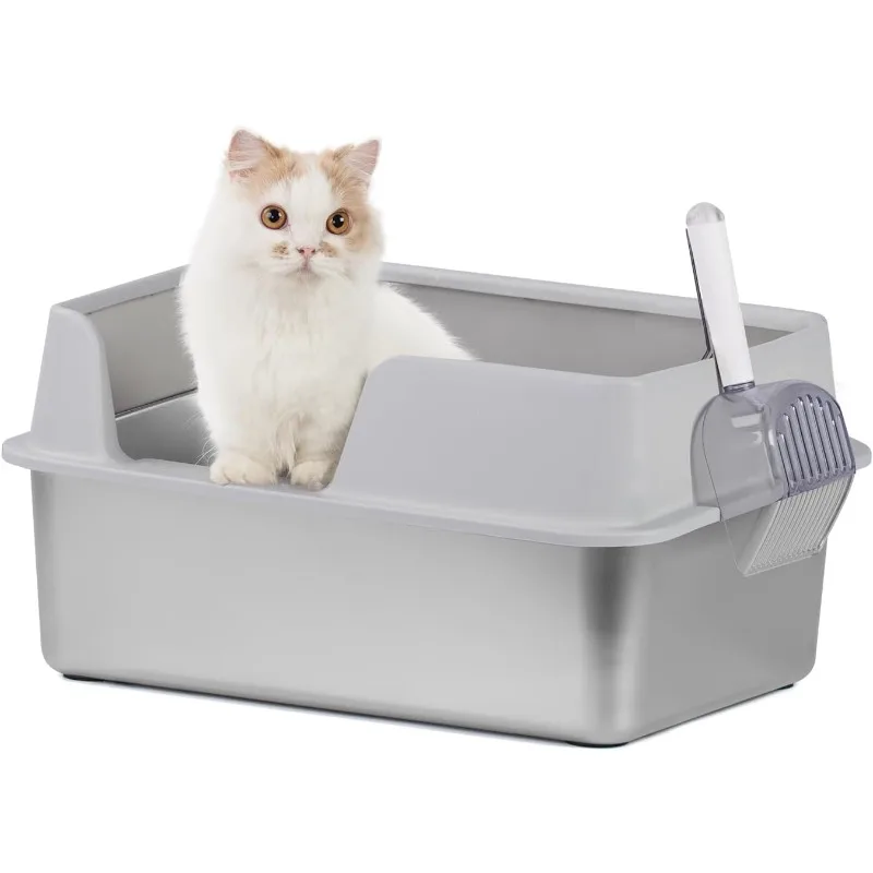 

Stainless Steel Cat Litter Box with Scoop, Large Litter Box with High Sided Walls, Durable Metal Kitty Litter Box with Enclosure