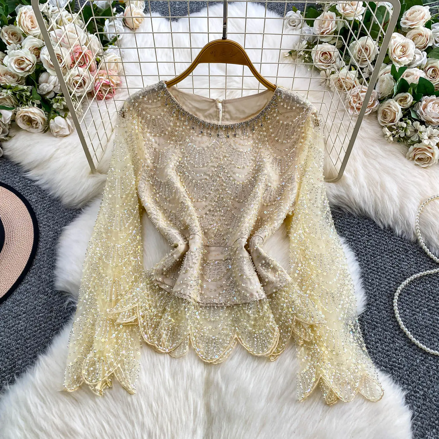 

Винтажная базовая сетчатая блузка с длинными рукавами и бисером с круглым вырезом, корейская модная офисная женская рубашка, женская одежда