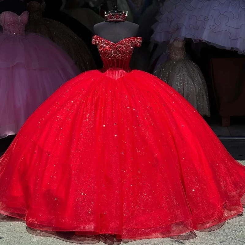 

Красные блестящие платья принцессы Quinceanera 2024 Роскошные хрустальные бусины Tull корсет на шнуровке vestidos 15 de xv лет милое 16-летнее платье