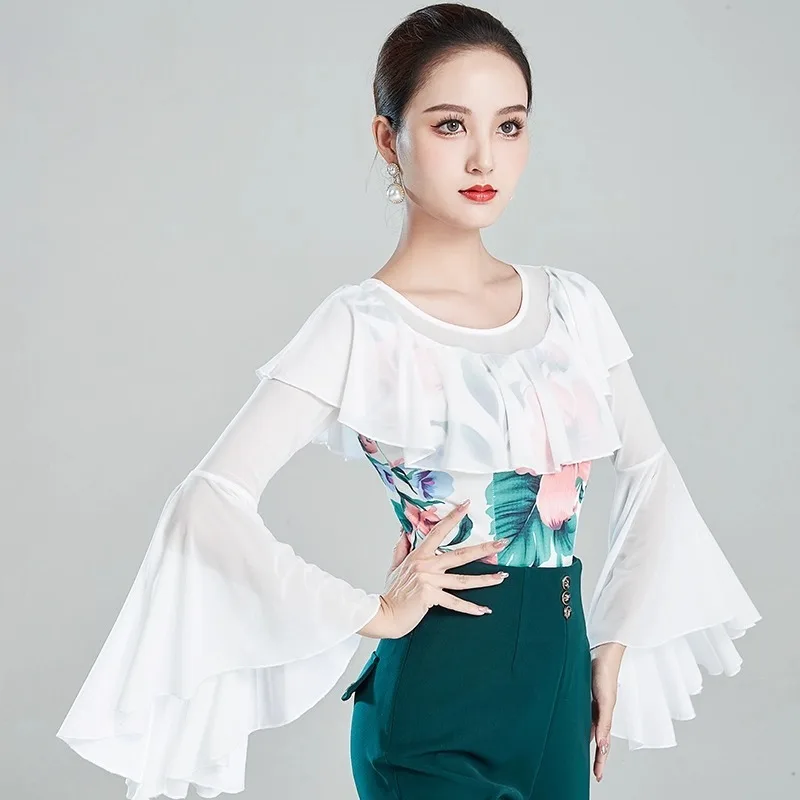 

Индивидуальное современное танцевальное верхнее тренировочное платье для женщин, черные рукава-трубы, струящиеся национальные стандарты, латинский вальс с длинным рукавом