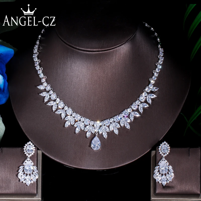 

ANGELCZ Hight Grade Brides Jewelry Set Pave Setting AAA Zirconia Luxury Earrings Necklace Clothing Accessories AJ214