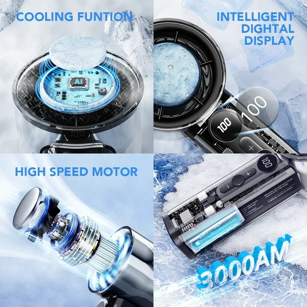 New Handheld Mini Fan LCD Display 100 Speed Adjustable High Airflow 3000mA USB Rechargeable Outdoor Portable Fan