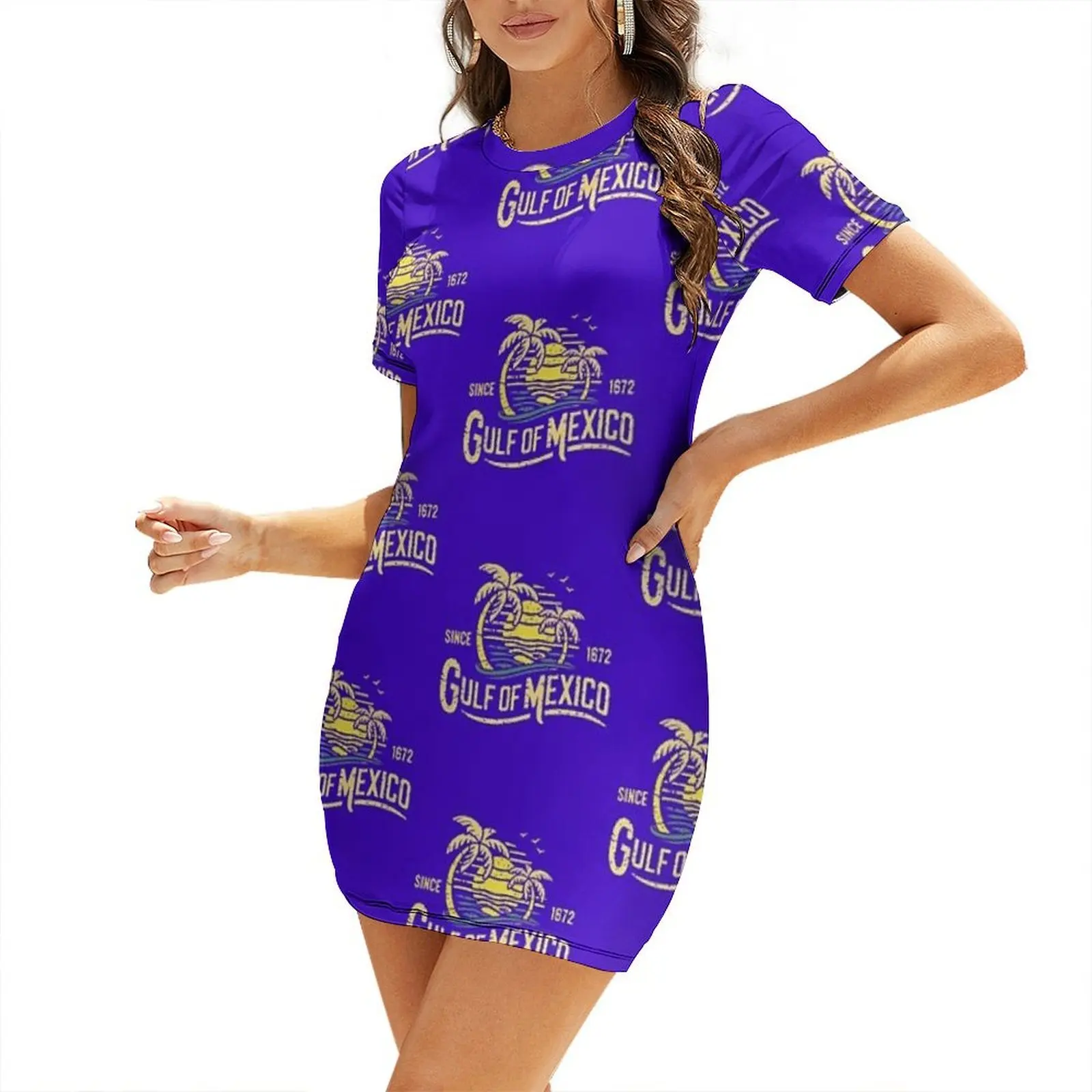 Gulf of Mexico Vintage Sunset Palm Trees Ocean Beach Retro Short-Sleeved Dress ceremony dresses women's summer clothing 2026