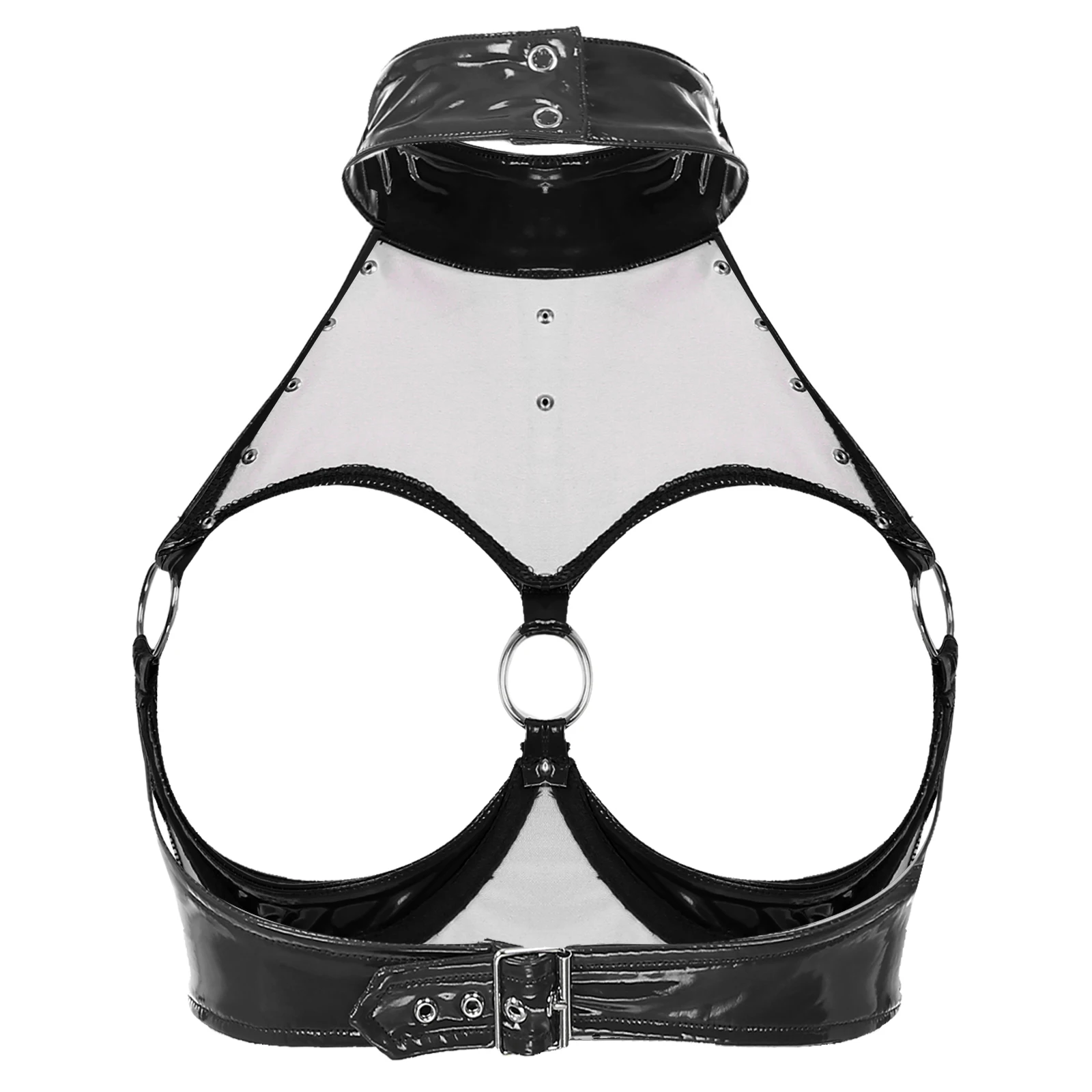 Sexy Womens Patent Leather Brassiere Underwear Lingerie Rivet O Ring Halter Open Breast Bra Open Cup Underwired Bra Crop Top